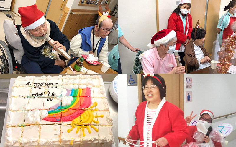 クリスマス行事で入居者と職員がケーキ作りやレクリエーションを楽しむ風景